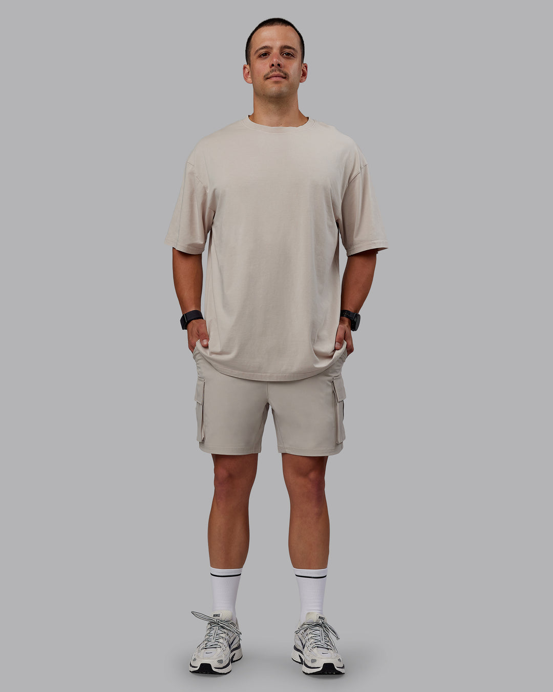 Man wearing Set The Standard Washed FLXCotton Oversized Tee - Shale Beige | Size:L - view 11