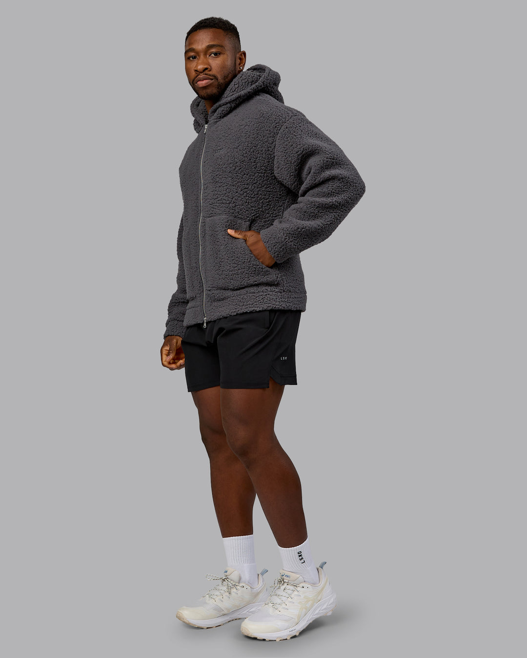 Man wearing Sherpa Oversized Jacket - Dark Storm | Model:Sam | Size:L - view 16