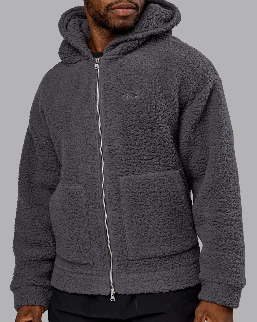 Man wearing Sherpa Oversized Jacket - Dark Storm | Model:Sam | Size:L - view 12
