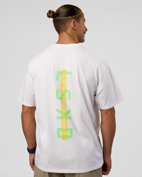 Man wearing Unisex Strike Through FLXCotton Tee Oversize - White-Warm Apricot | Model:Jaiden | Size:L | Thumbnail Index: 1
