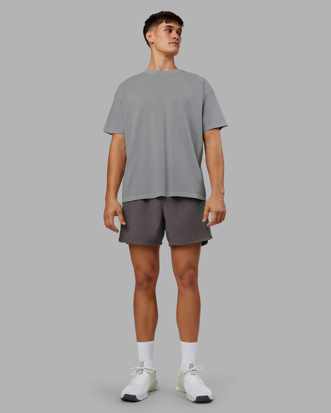 Man wearing Pressure Washed Heavyweight Oversize Tee - Grey-Bubblegum | Model:Jackson | Size:L - view 11