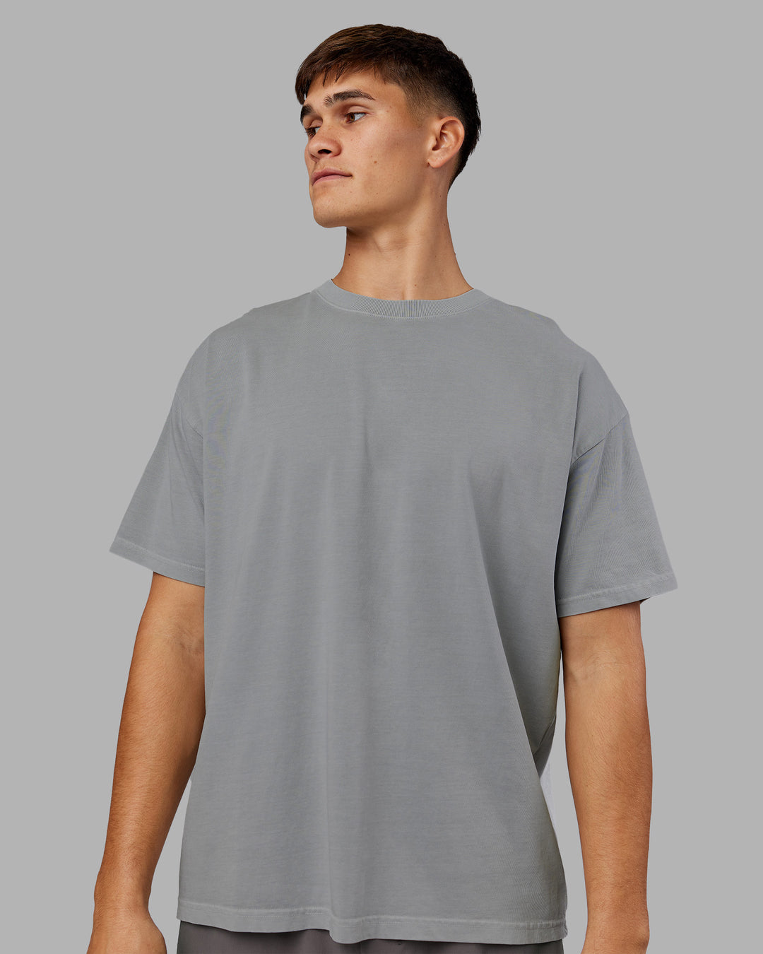 Man wearing Pressure Washed Heavyweight Oversize Tee - Grey-Bubblegum | Model:Jackson | Size:L - view 3
