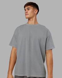Man wearing Pressure Washed Heavyweight Oversize Tee - Grey-Bubblegum | Model:Jackson | Size:L | Thumbnail Index: 2