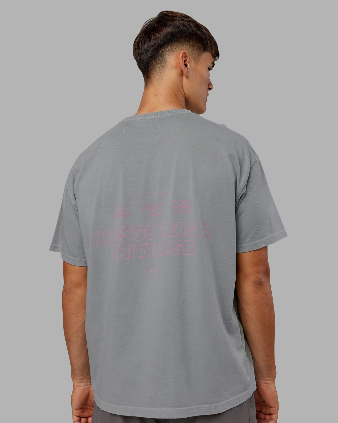 Man wearing Pressure Washed Heavyweight Oversize Tee - Grey-Bubblegum | Model:Jackson | Size:L - view 7