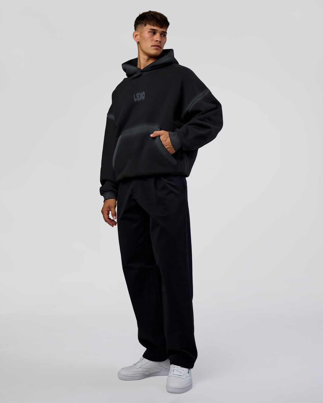 Man wearing Urban Blur Unisex Oversized Hoodie - Black-Dark Storm | Model:Jackson | Size:L - view 3
