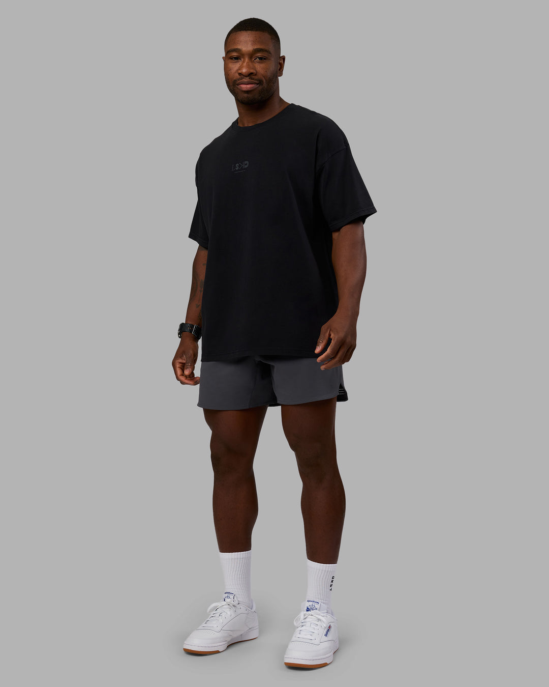 Man wearing Variation Heavyweight FLXCotton Oversized Tee - Black-Black | Model:Sam | Size:L - view 6