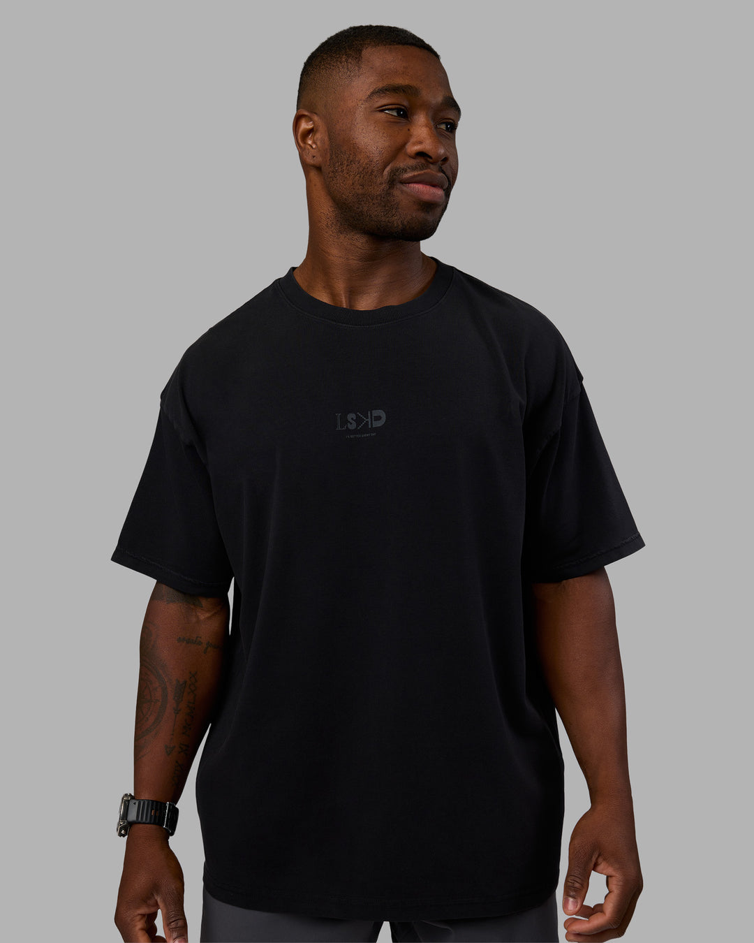  Man wearing Variation Heavyweight FLXCotton Oversized Tee - Black-Black | Model:Sam | Size:L - view 3