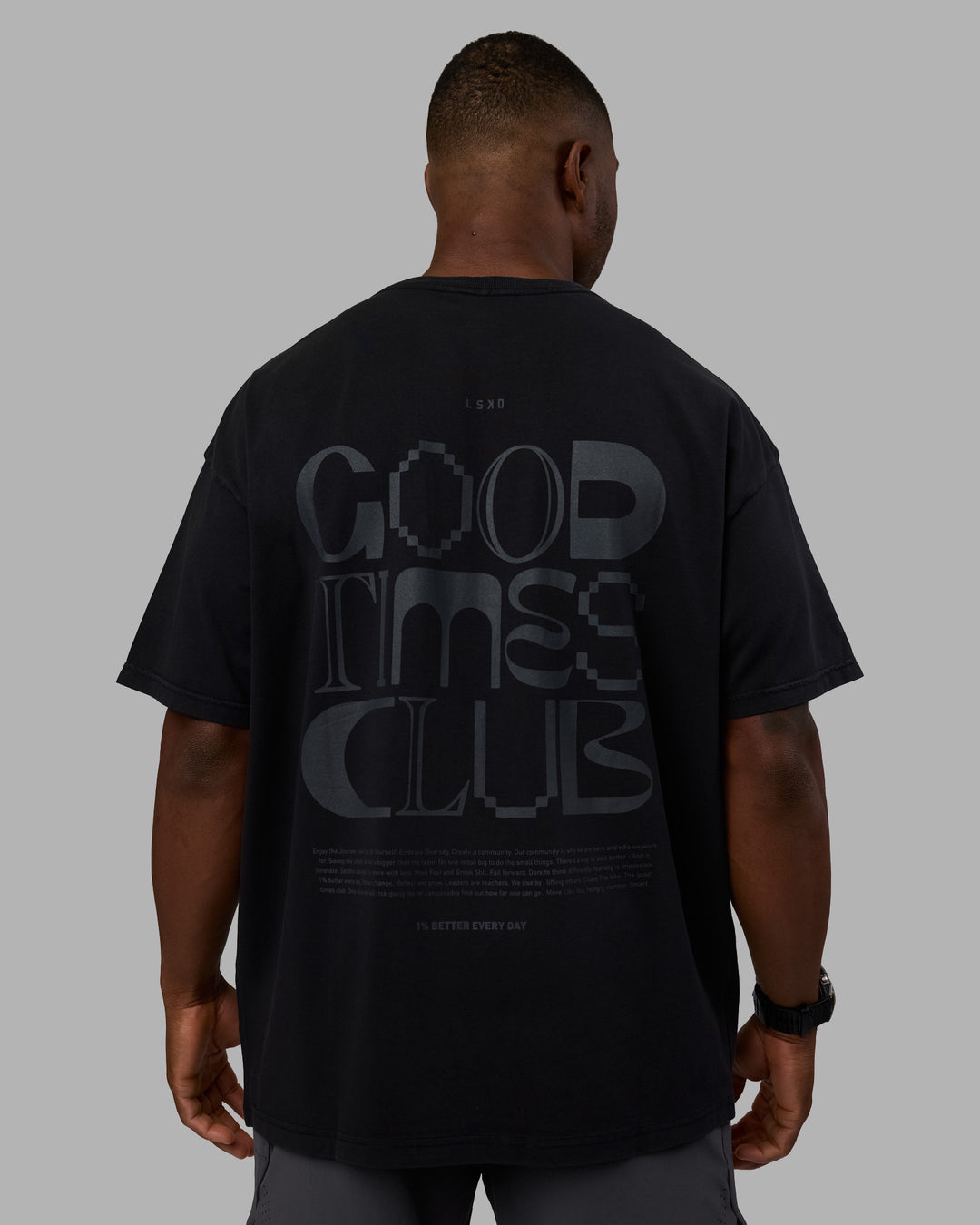Man wearing Variation Heavyweight FLXCotton Oversized Tee - Black-Black | Model:Sam | Size:L - view 2