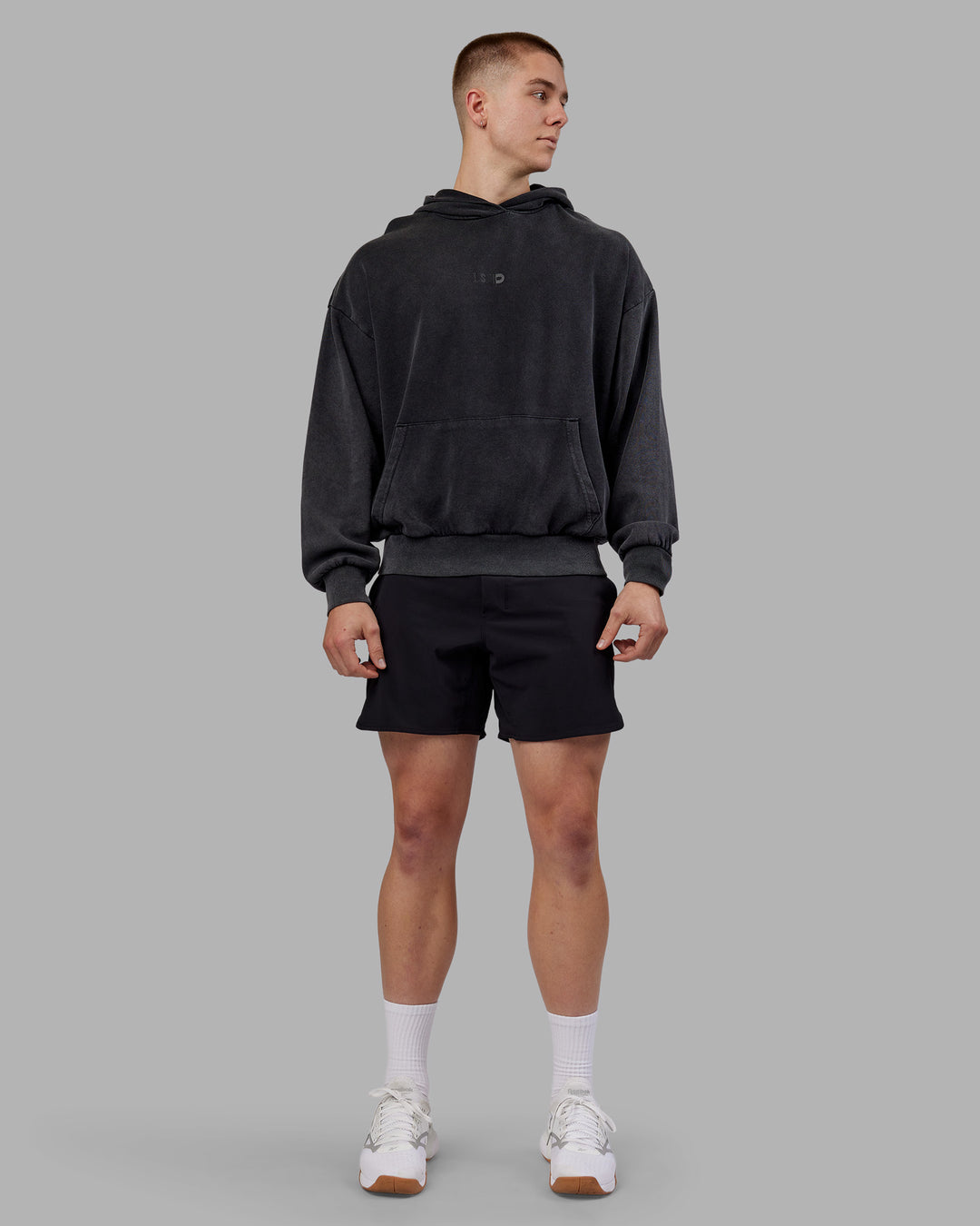 Man wearing Variation Washed Oversized Hoodie - Black-Black | Model:Tom | Size:L - view 11