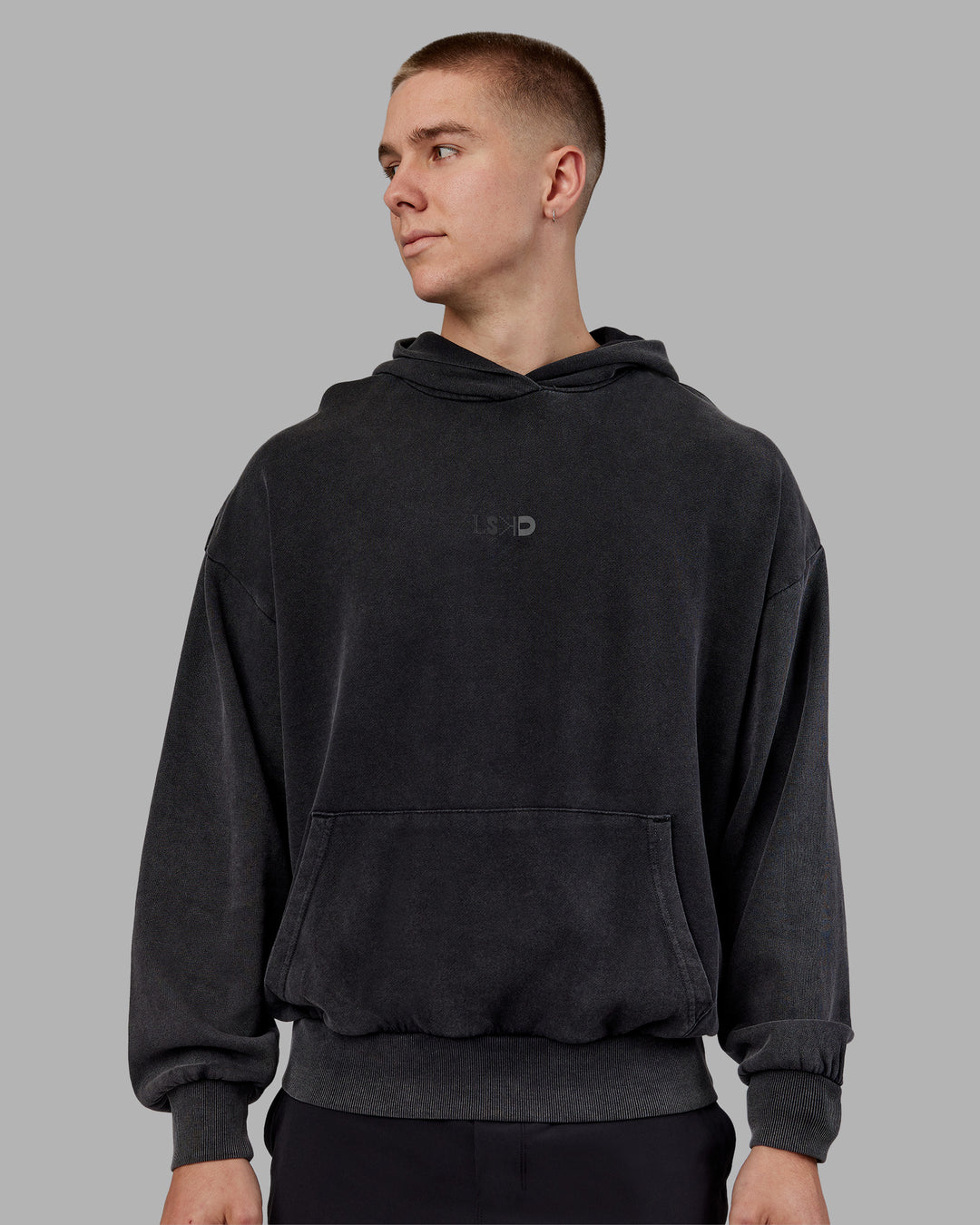 Man wearing Variation Washed Oversized Hoodie - Black-Black | Model:Tom | Size:L - view 3