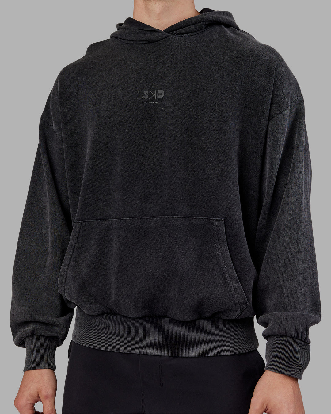 Man wearing Variation Washed Oversized Hoodie - Black-Black | Model:Tom | Size:L - view 8