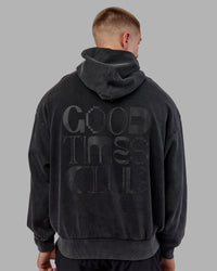 Man wearing Variation Washed Oversized Hoodie - Black-Black | Model:Tom | Size:L | Thumbnail Index: 6