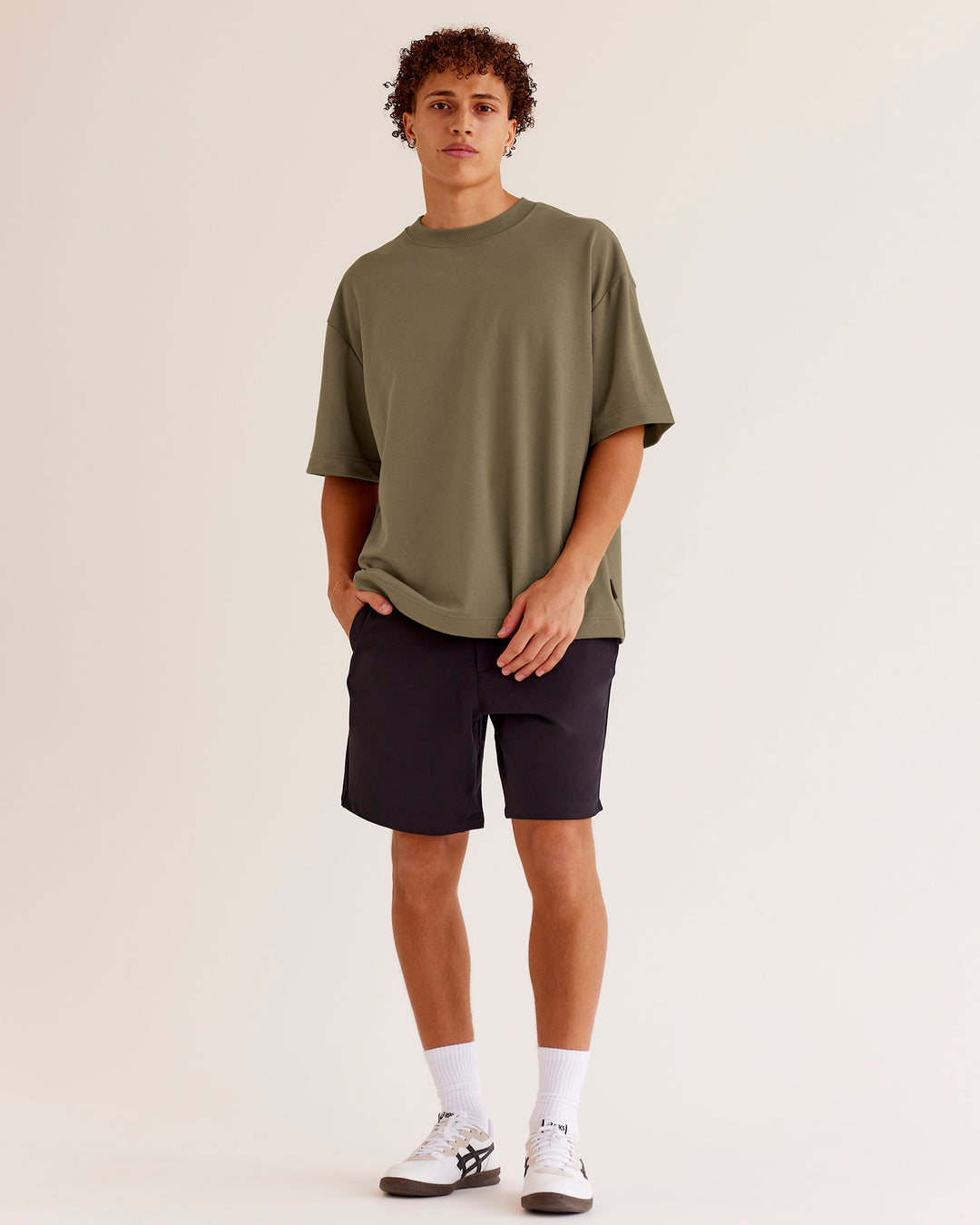 Man wearing AfterDark ZeroCrease Oversized Tee - Walnut Grey | Model:Leandro | Size:M - view 3