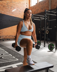 Woman wearing Agile Sports Bra - Skyride | Model:Gloria | Size:M | Thumbnail Index: 1