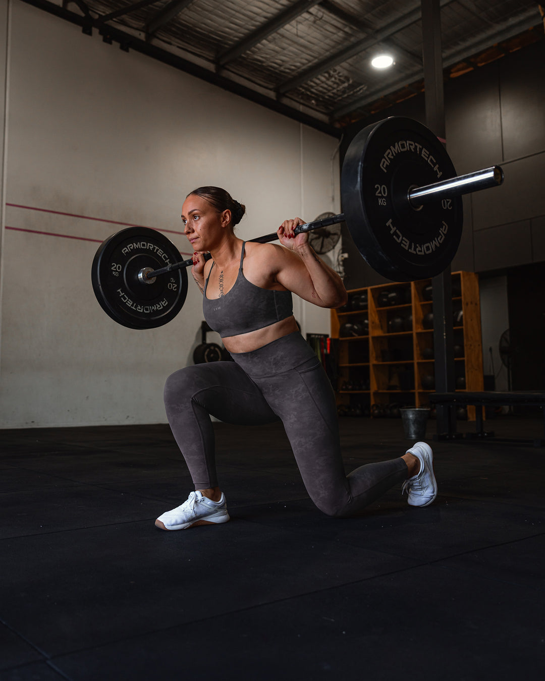 Woman wearing Elixir Ultra High-Rise Full Length Legging Pockets - Dark Storm Wash | Model:Tiare | Size:M - view 3