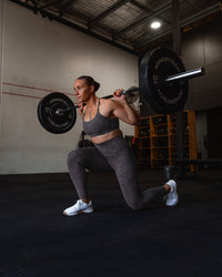 Woman wearing Elixir Ultra High-Rise Full Length Legging Pockets - Dark Storm Wash | Model:Tiare | Size:M | Thumbnail Index: 2