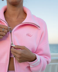 Woman wearing Fierce Knitted Cardigan - Pink Rose-White | Model:Shayna | Size:M | Thumbnail Index: 2