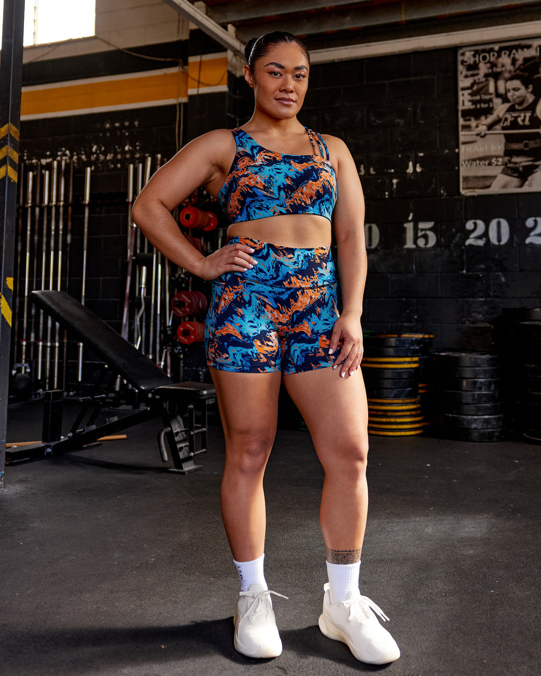 Woman wearing Galvanise Sports Bra 2.0 - React Print | Model:Vana | Size:M - view 3