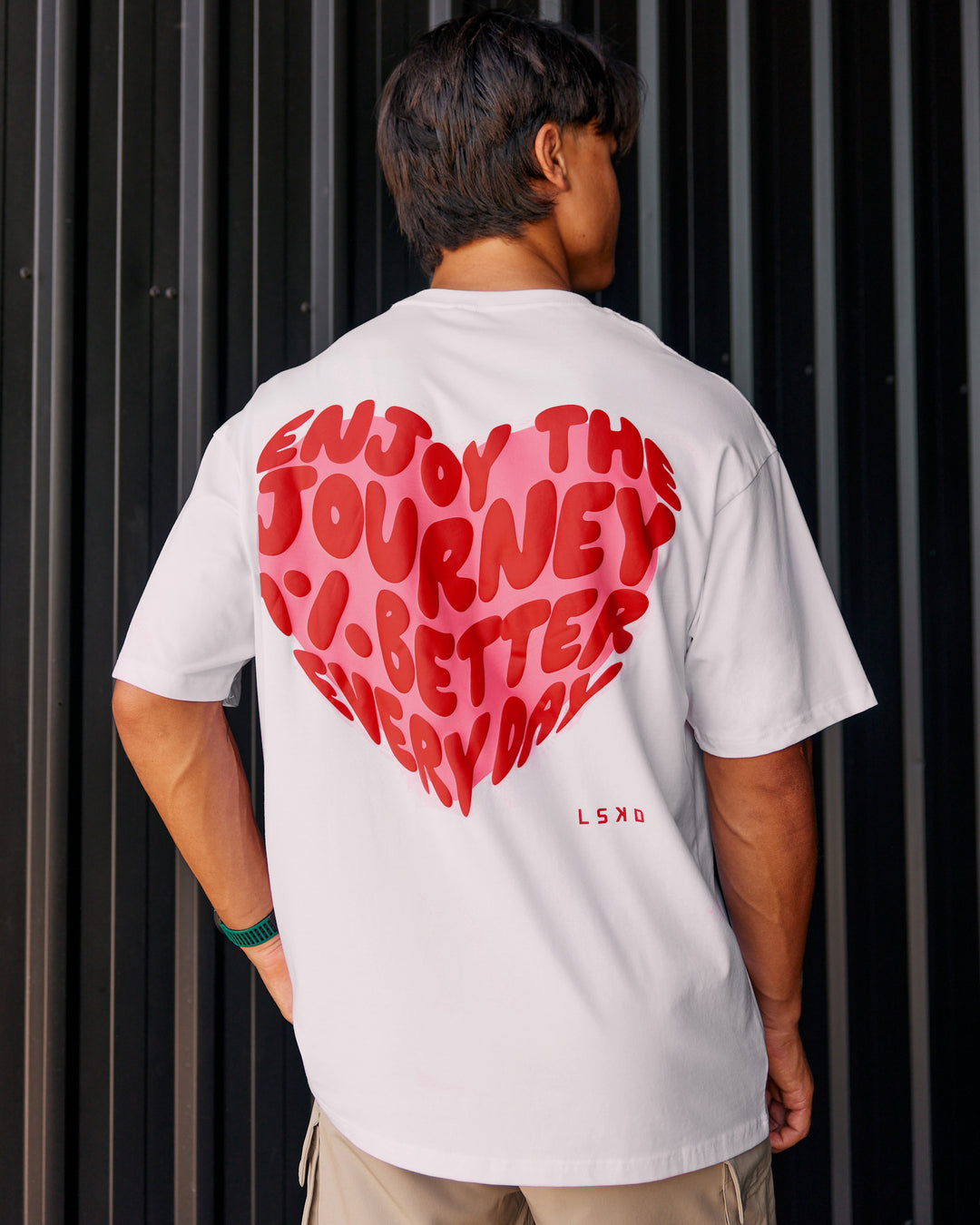 Man wearing Love the Journey FLXCotton Oversized Tee - White-Candy Pink | Model:George | Size:M - view 2