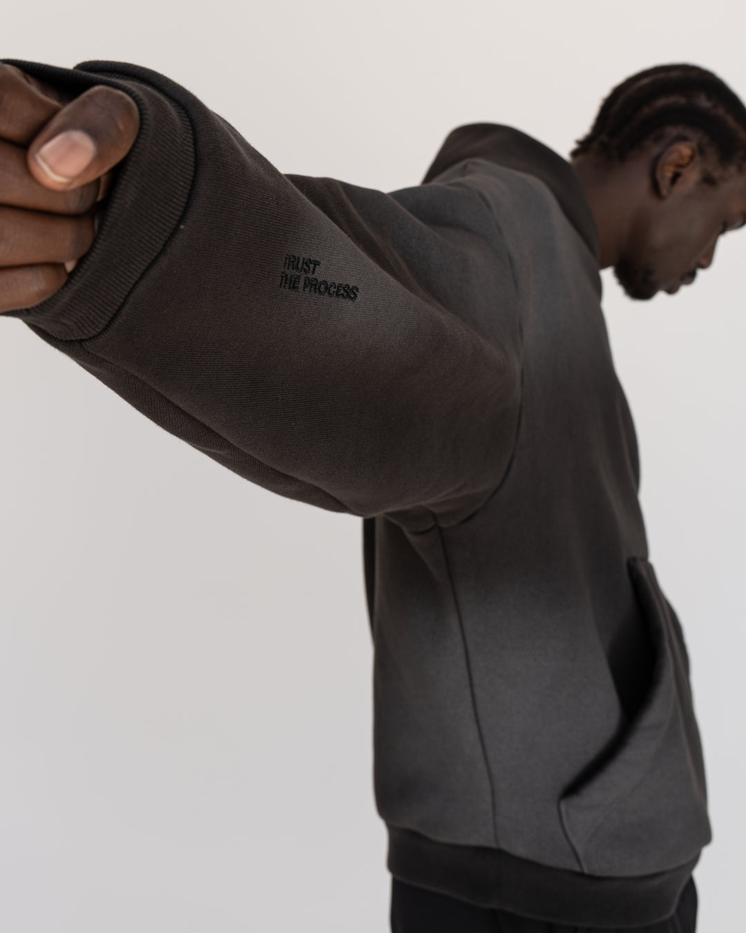Man wearing Memory In Motion 500gsm Ultra Heavyweight Washed Hoodie - Charcoal Washed | Model:Okello | Size:M - view 6