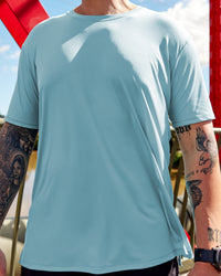 Man wearing Pace Running Tee - Retro Blue | Model:Macca | Size:M | Thumbnail Index: 1