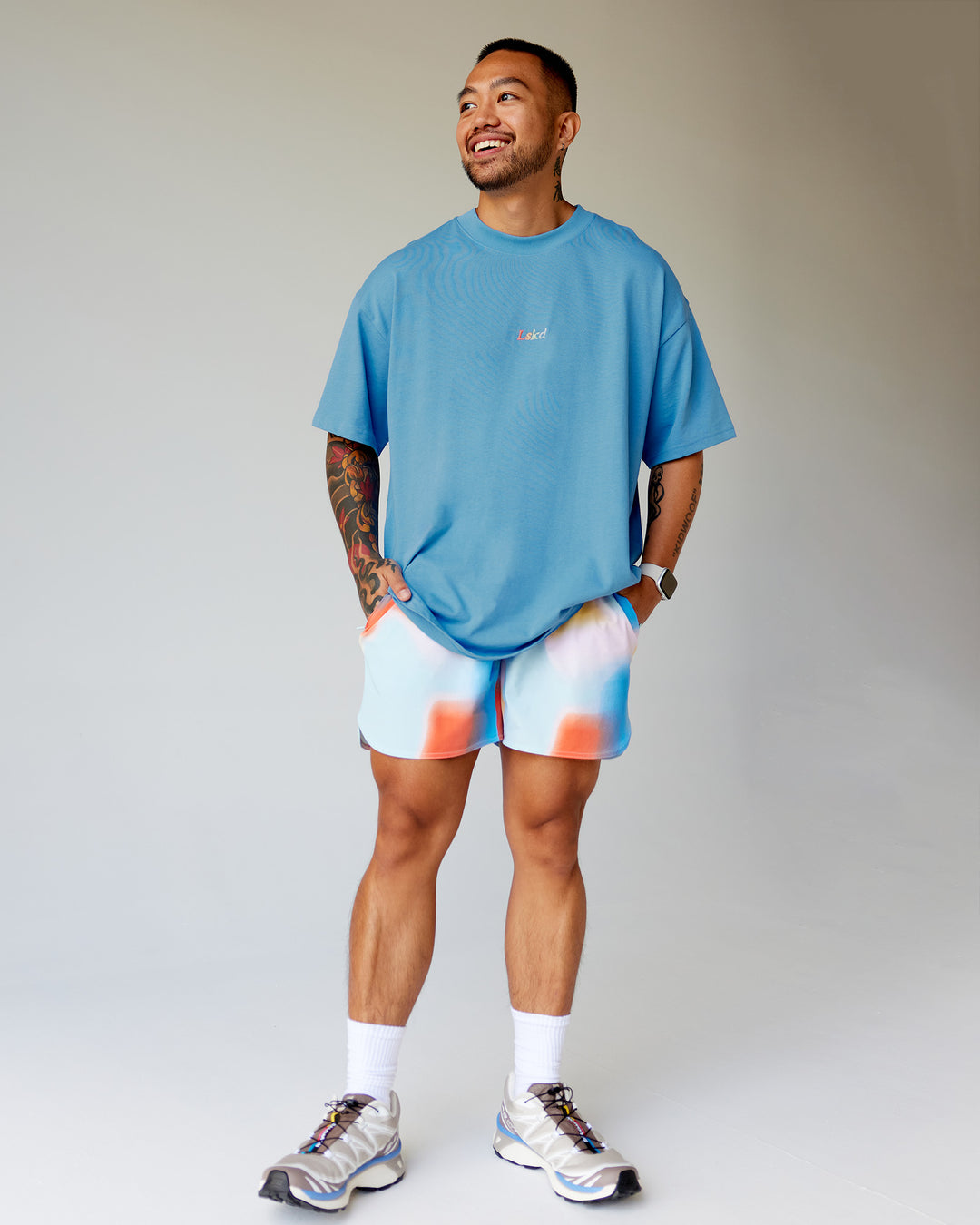 Man wearing Our Journey Heavyweight Oversized Tee - Azure Blue-Rainbow | Model:Justin | Size:M - view 3