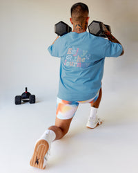 Man wearing Our Journey Heavyweight Oversized Tee - Azure Blue-Rainbow | Model:Justin | Size:M | Thumbnail Index: 1