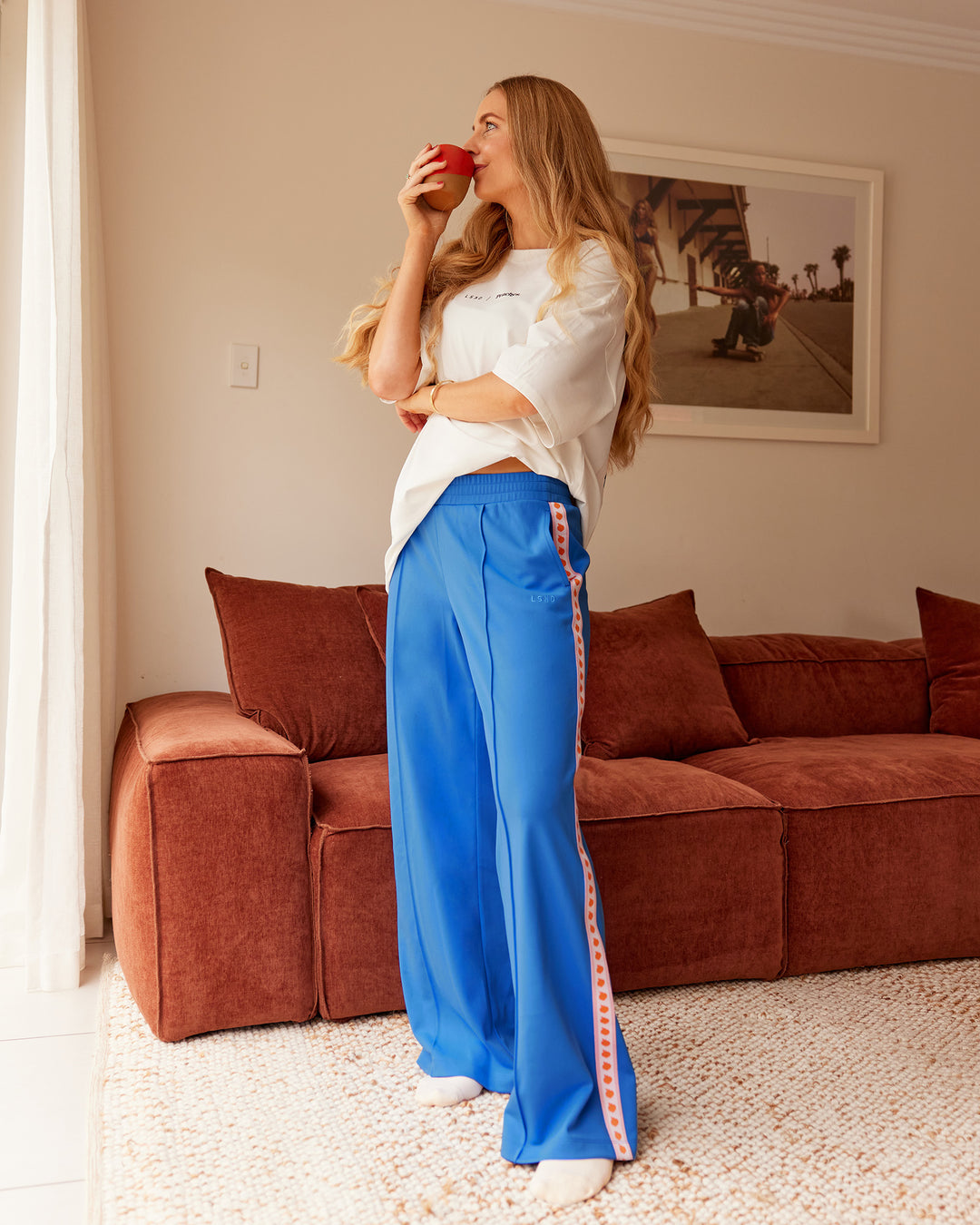 Woman wearing Peaches Track Pant - Palace Blue | Model:Tori | Size:M - view 3