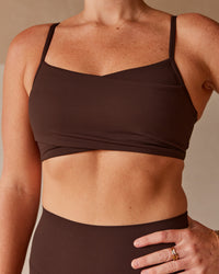 Woman wearing Peaches Wrap Sports Bra - Hot Chocolate | Model:Dani | Size:M | Thumbnail Index: 3