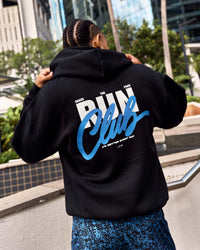 Man wearing Run Club Script Oversized Hoodie - Black-Palace Blue | Model:Malebo | Size:M | Thumbnail Index: 0
