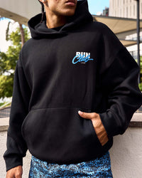 Man wearing Run Club Script Oversized Hoodie - Black-Palace Blue | Model:Malebo | Size:M | Thumbnail Index: 9