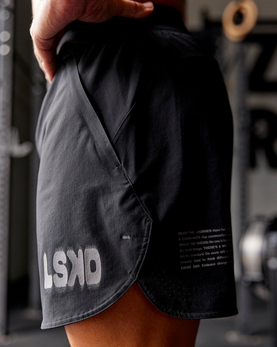 Man wearing Static Grit Lift 6" Short - Black-Alloy | Model:Jaiden | Size:M - view 3