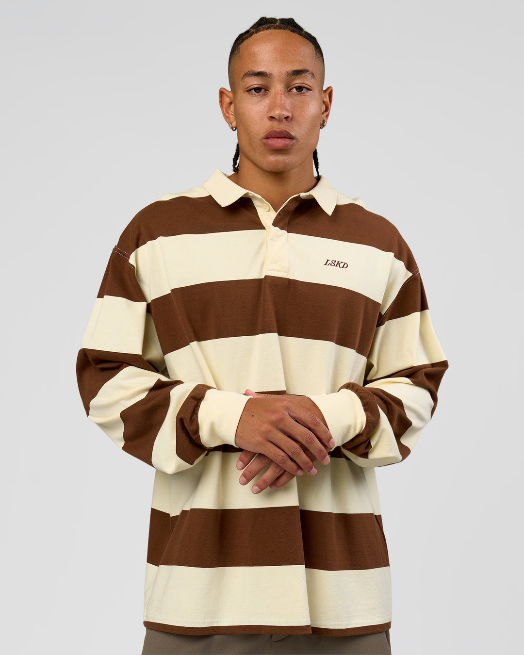 Man wearing Clubhouse Unisex Polo - Off White-Brown | Model:Malebo | Size:M - view 3