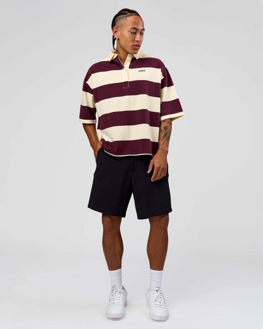 Man wearing Oversized Rugby Polo - Off White-Cherry | Model:Malebo | Size:M - view 7
