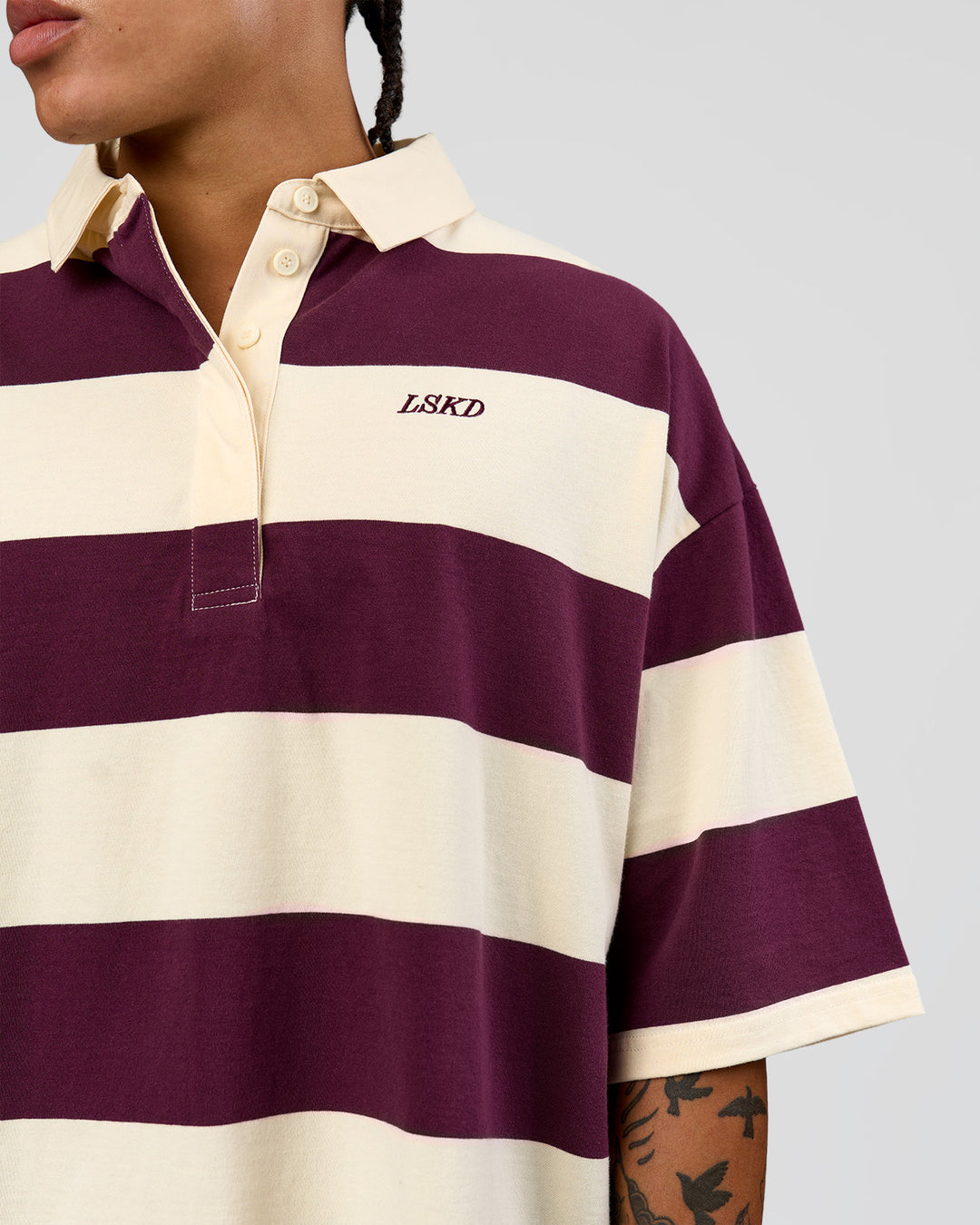 Man wearing Oversized Rugby Polo - Off White-Cherry | Model:Malebo | Size:M - view 8
