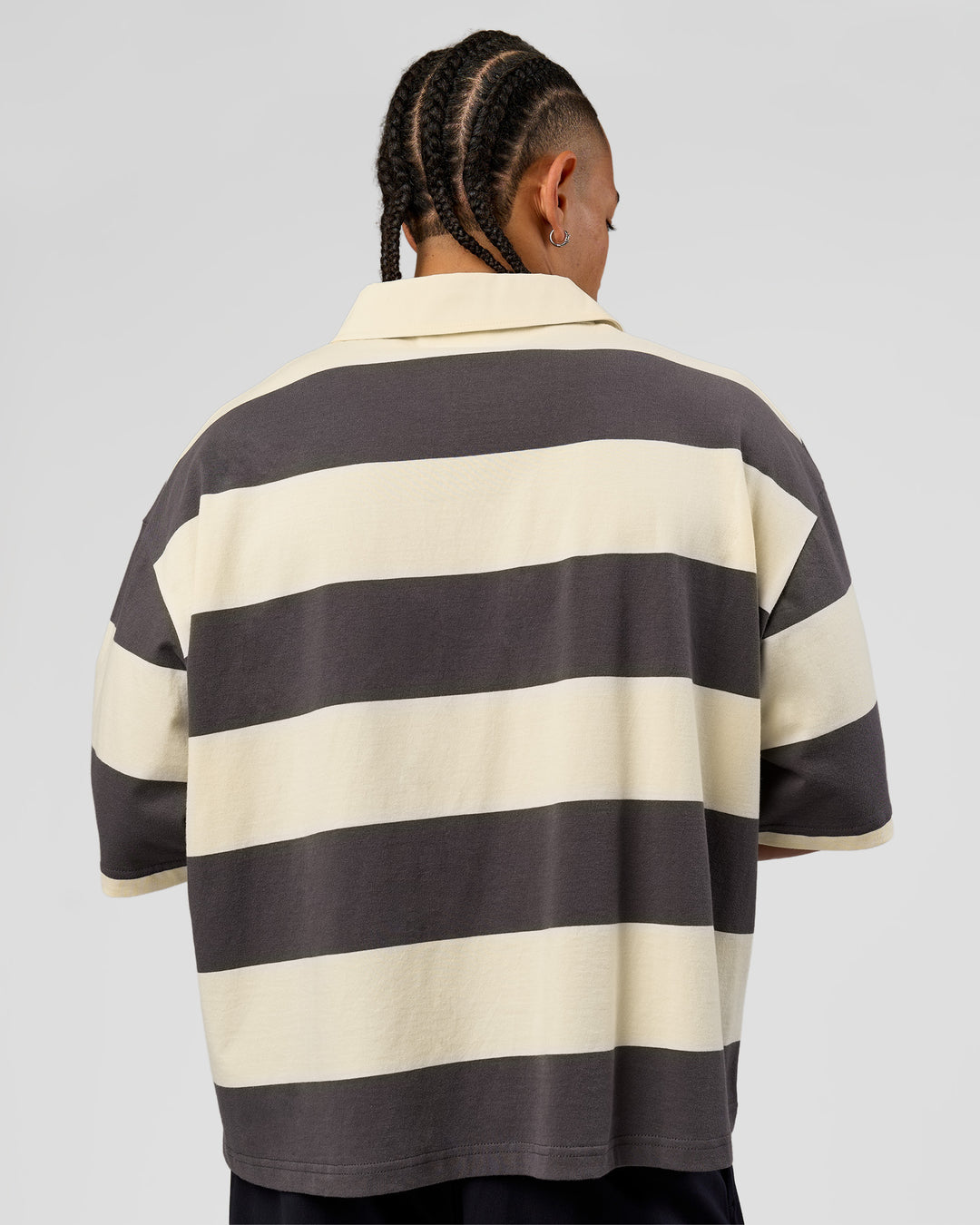 Man wearing Oversized Rugby Polo - Off White-Grey | Model:Malebo| Size:M - view 7