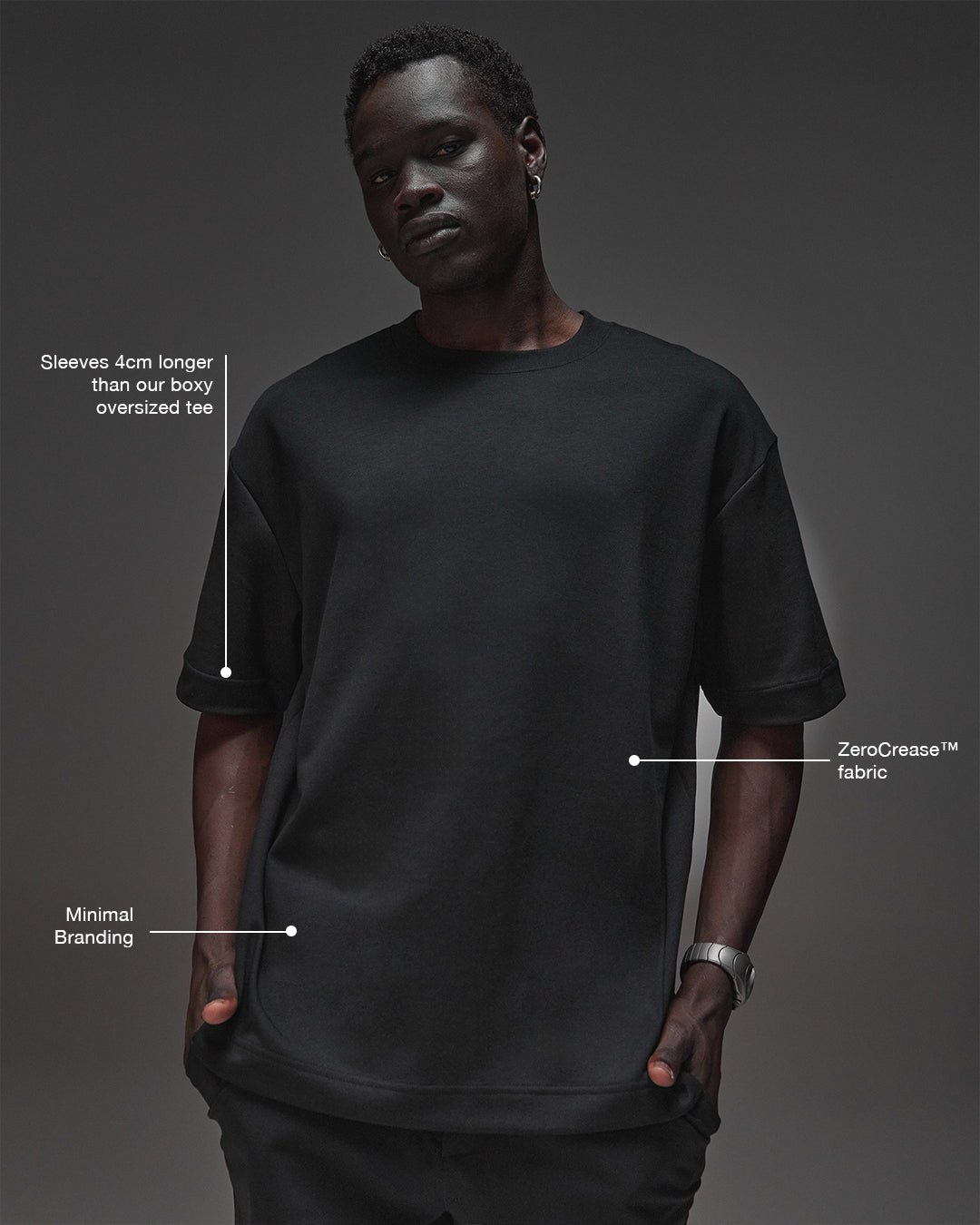 Man wearing AfterDark ZeroCrease Oversized Tee - Black | Model:Mabyro | Size:M - view 2