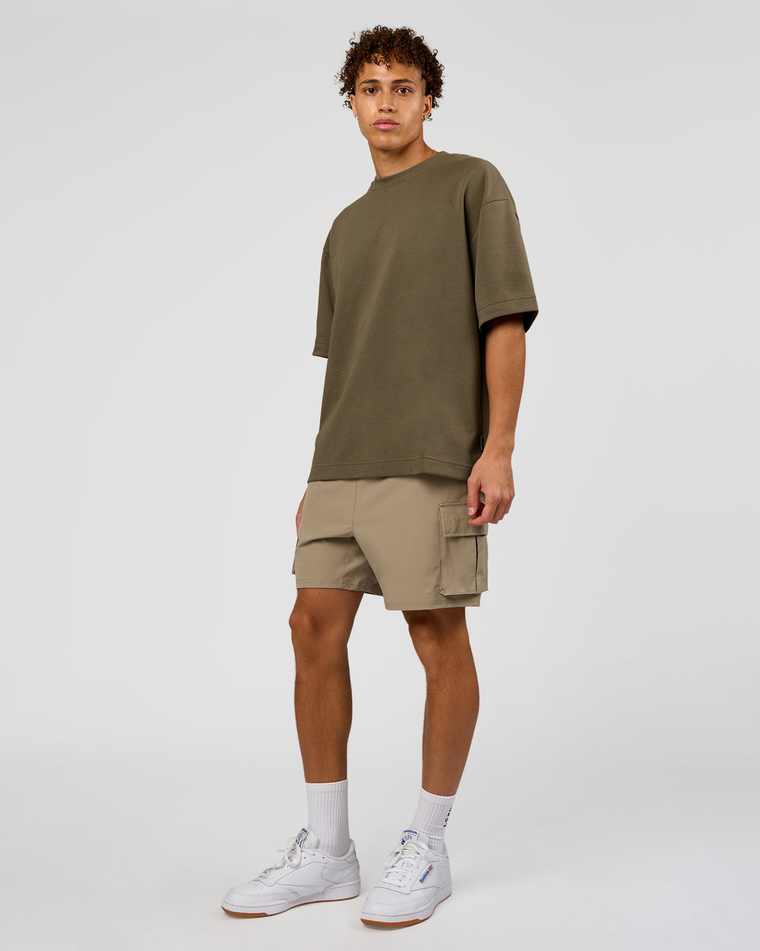 Man wearing AfterDark ZeroCrease Oversized Tee - Walnut Grey | Model:Leandro | Size:M - view 6