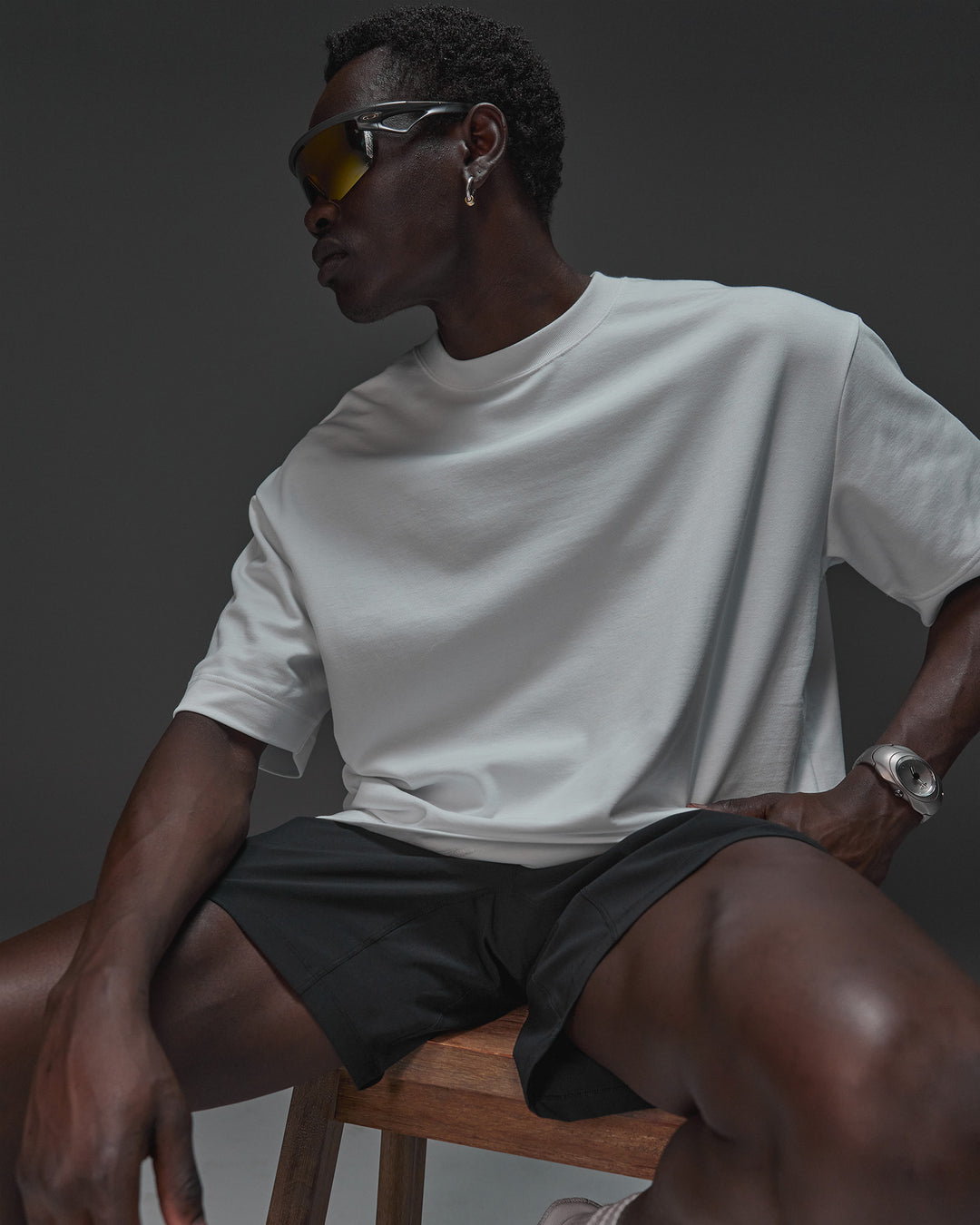 Man wearing AfterDark ZeroCrease Oversized Tee - White | Model:Mabyro | Size:M - view 9
