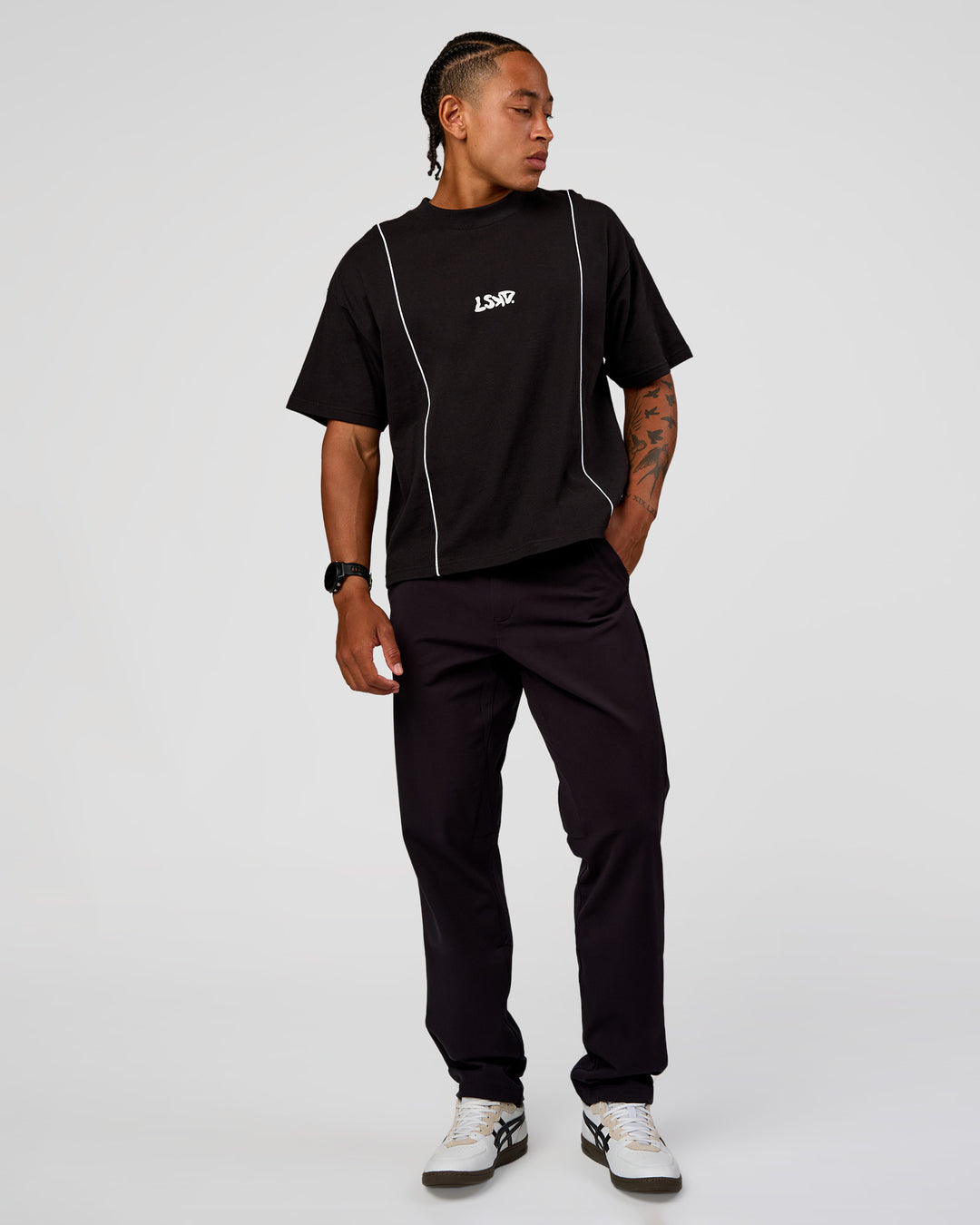 Man wearing Axis Heavyweight Oversized Boxed Tee - Black-White | Model:Malebo | Size:M - view 7