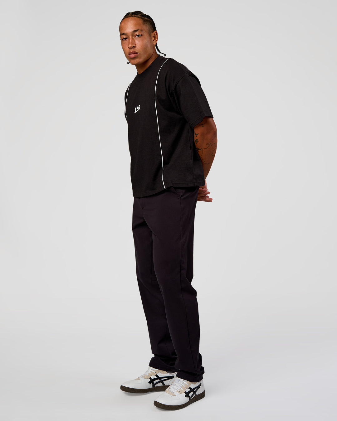 Man wearing Axis Heavyweight Oversized Boxed Tee - Black-White | Model:Malebo | Size:M - view 3