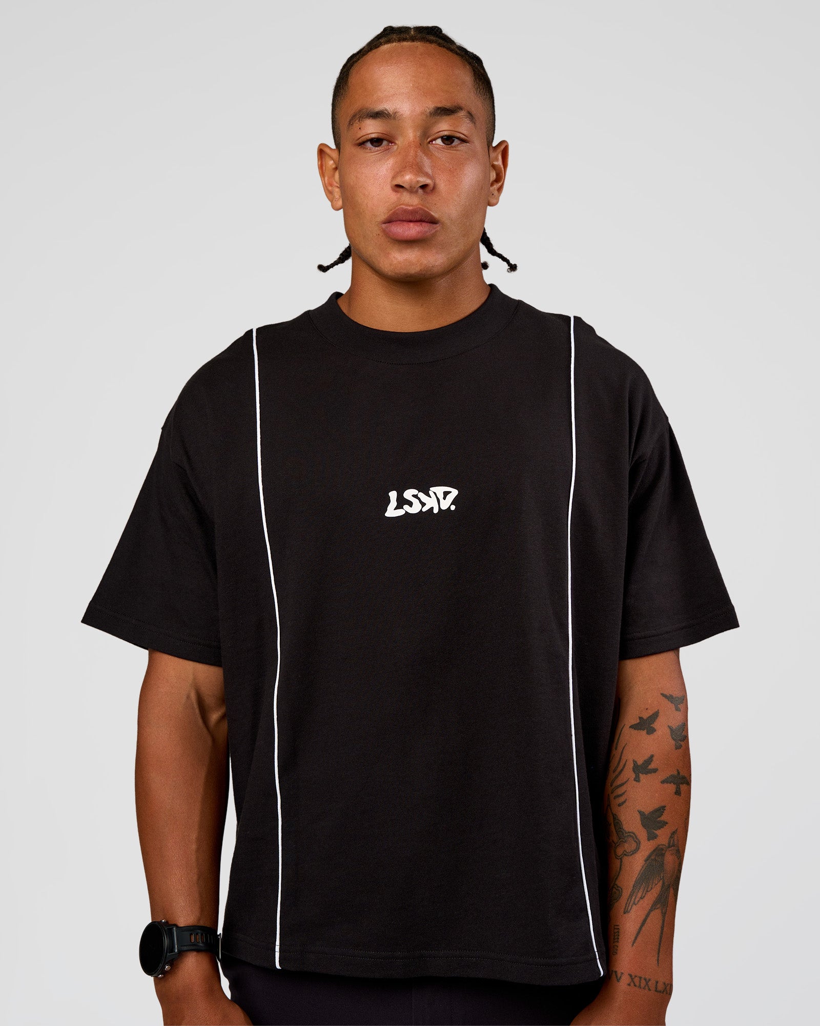 Man wearing Axis Heavyweight Oversized Boxed Tee - Black-White | Model:Malebo | Size:M