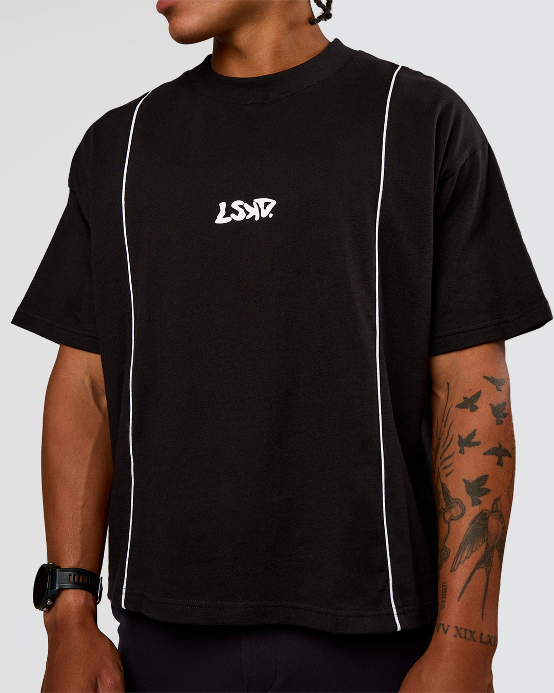 Man wearing Axis Heavyweight Oversized Boxed Tee - Black-White | Model:Malebo | Size:M - view 9