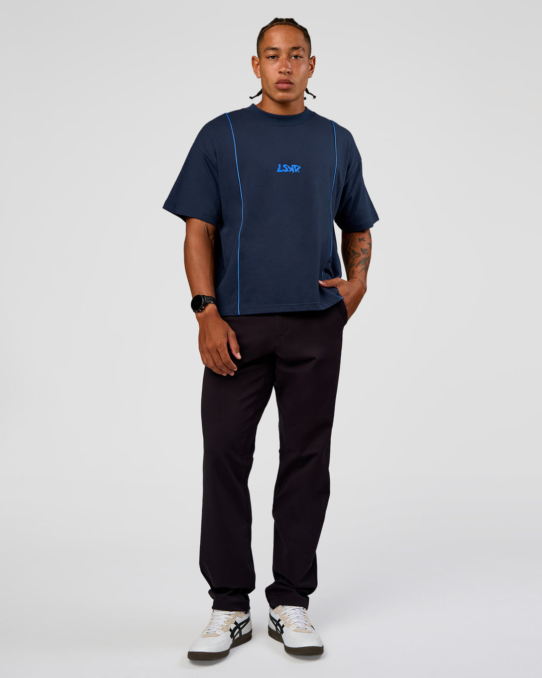 Man wearing Axis Heavyweight Oversized Boxed Tee - Future Navy-Palace Blue | Model:Malebo | Size:M - view 6
