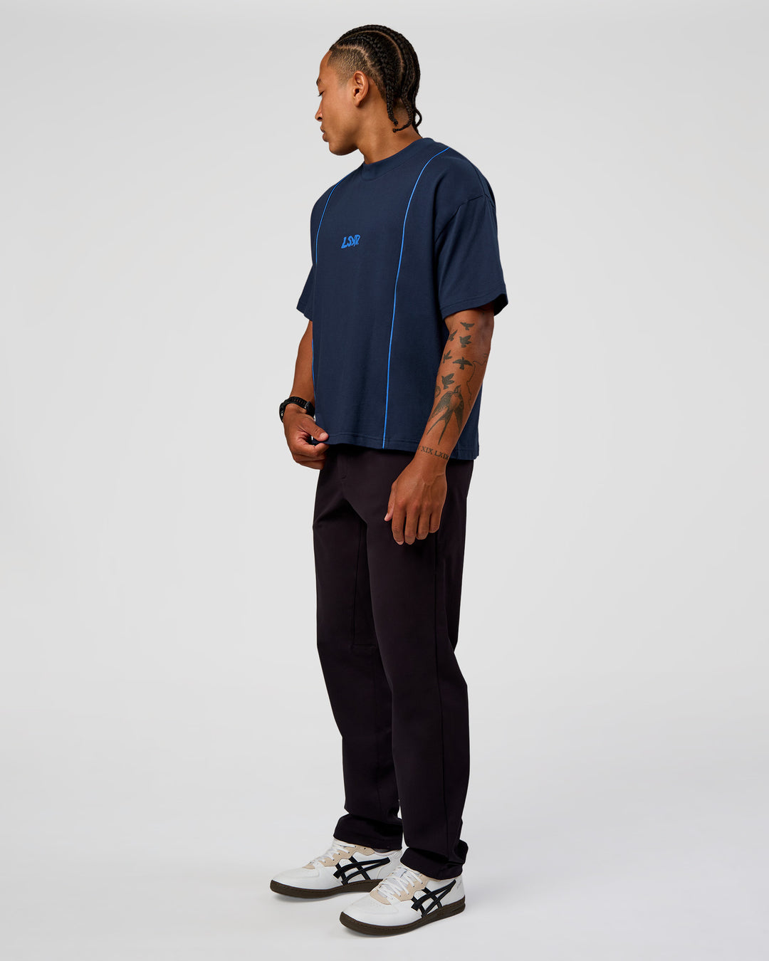 Man wearing Axis Heavyweight Oversized Boxed Tee - Future Navy-Palace Blue | Model:Malebo | Size:M - view 10