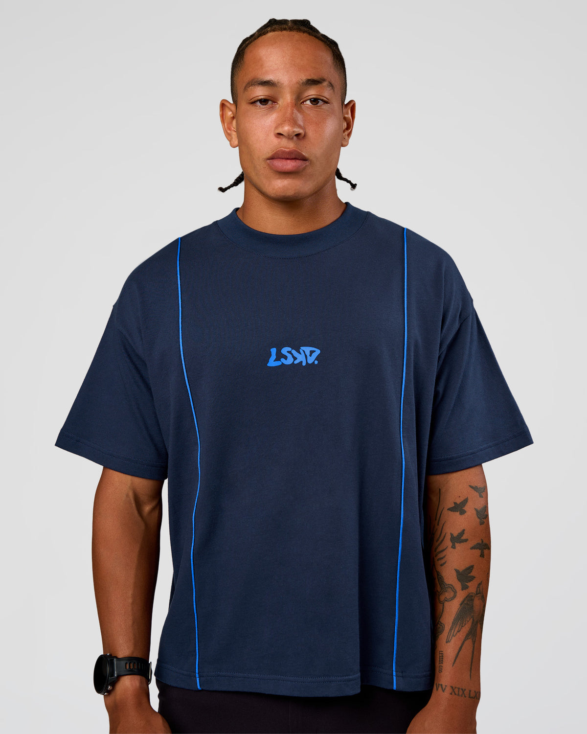 Man wearing Axis Heavyweight Oversized Boxed Tee - Future Navy-Palace Blue | Model:Malebo | Size:M