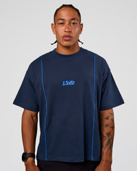Man wearing Axis Heavyweight Oversized Boxed Tee - Future Navy-Palace Blue | Model:Malebo | Size:M | Thumbnail Index: 1