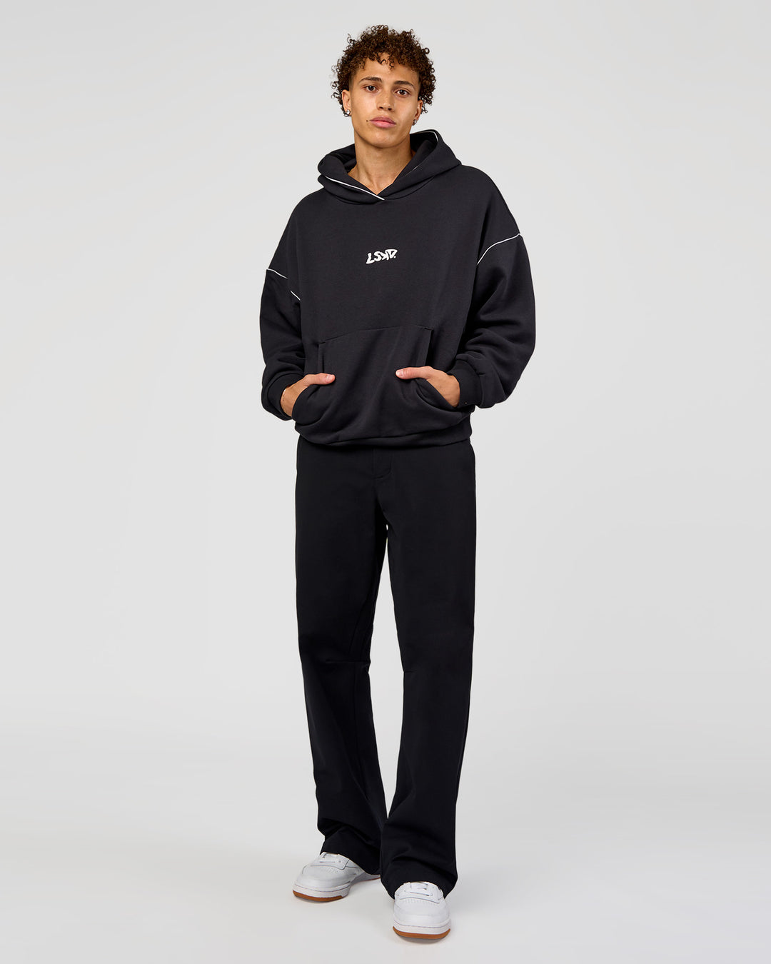 Man wearing Axis Oversized Hoodie - Caviar-White | Model:Leandro | Size:M - view 10