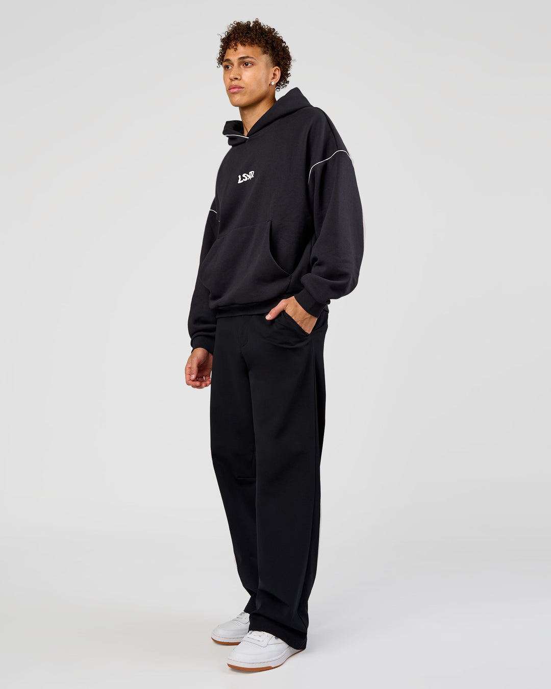 Man wearing Axis Oversized Hoodie - Caviar-White | Model:Leandro | Size:M - view 3