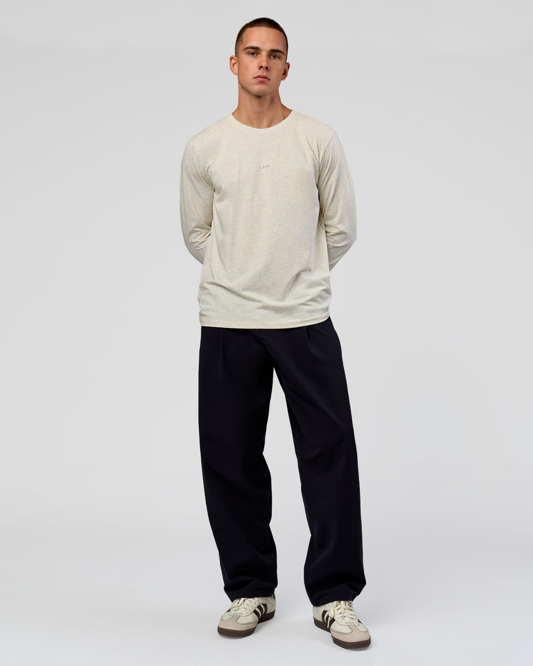 Man wearing Base FLXCotton Long Sleeve Tee in Silver Marl | Model:Albert | Size:M - view 3